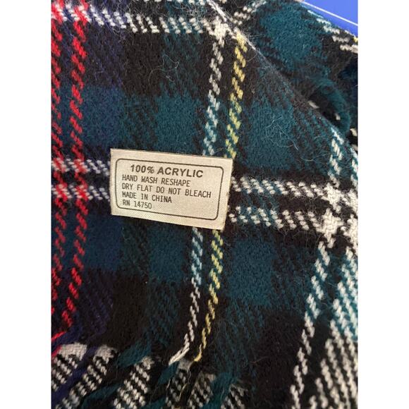 Plaid Rectangle Scarf with Fringe Blue Red White Yellow Approximately 12" x 54" - Picture 7 of 7